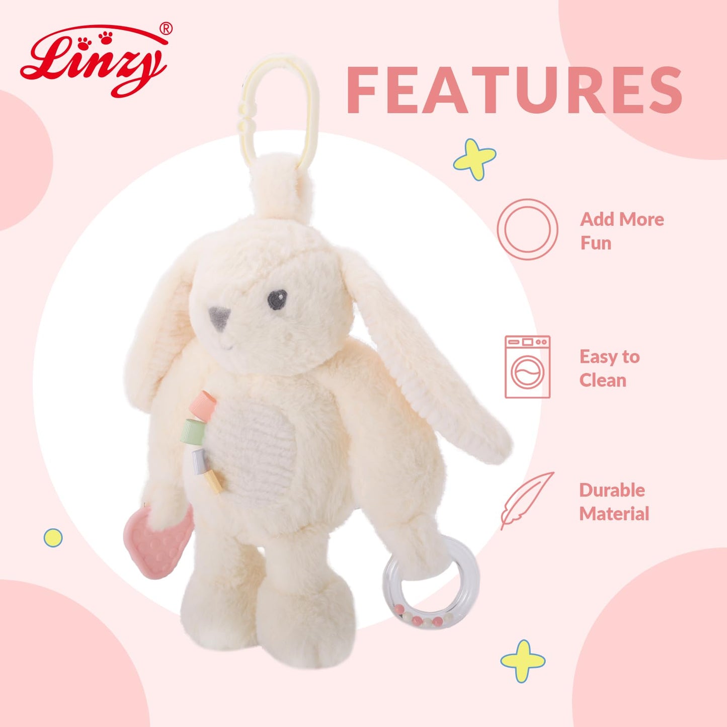 Linzy 10" Beige Bunny Baby Stroller Toy with TEETHERS and Rattle