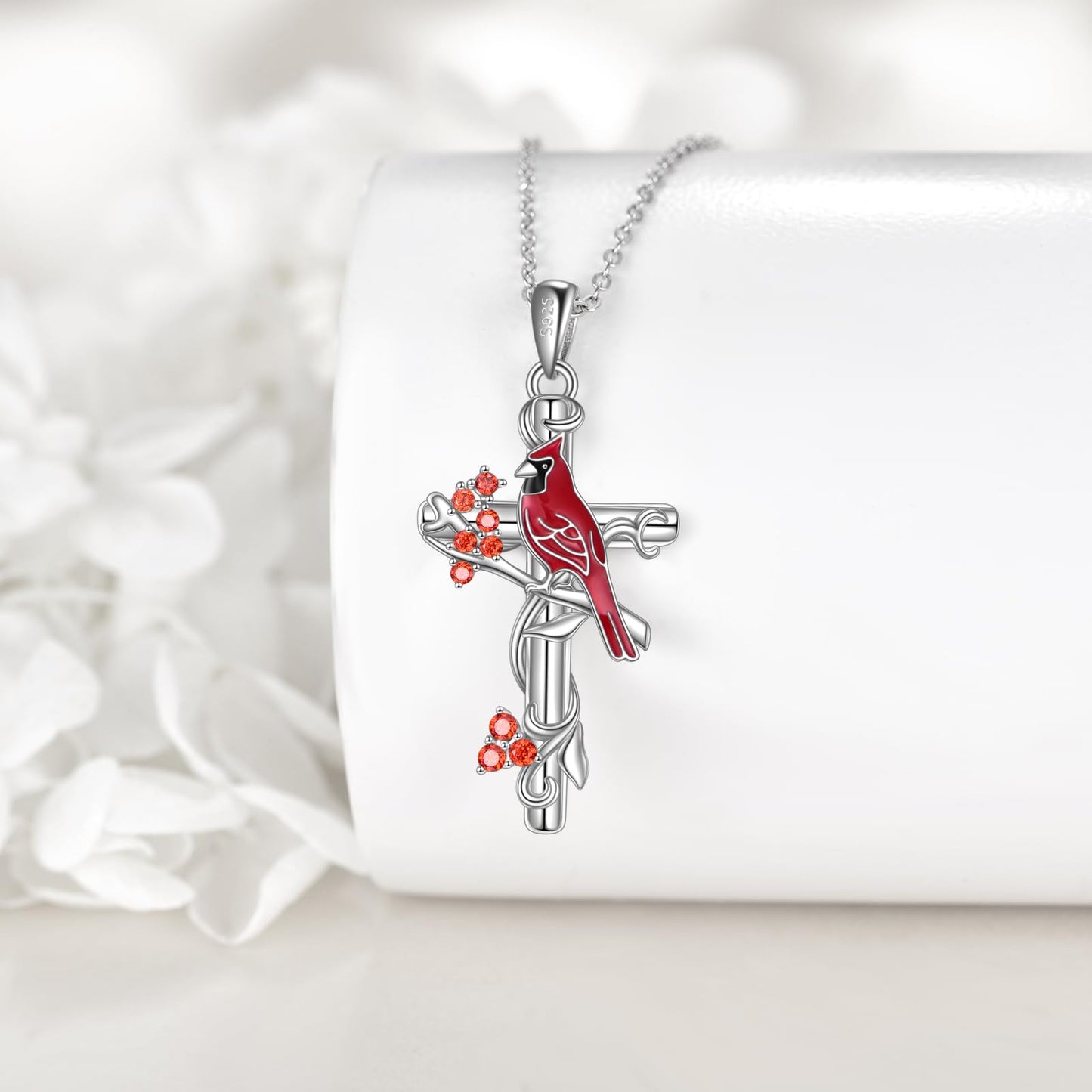 VONALA Cardinal Cross Necklace 925 Sterling Silver Red Bird Pendant Jewelry Gift for Women