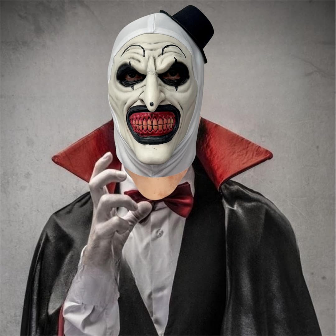 NTSWZYS Terrifier Art the Clown Mask 2025 Full Head Creepy Killer Masks for Halloween Party Props(Style 2-BlackWhite Hat)