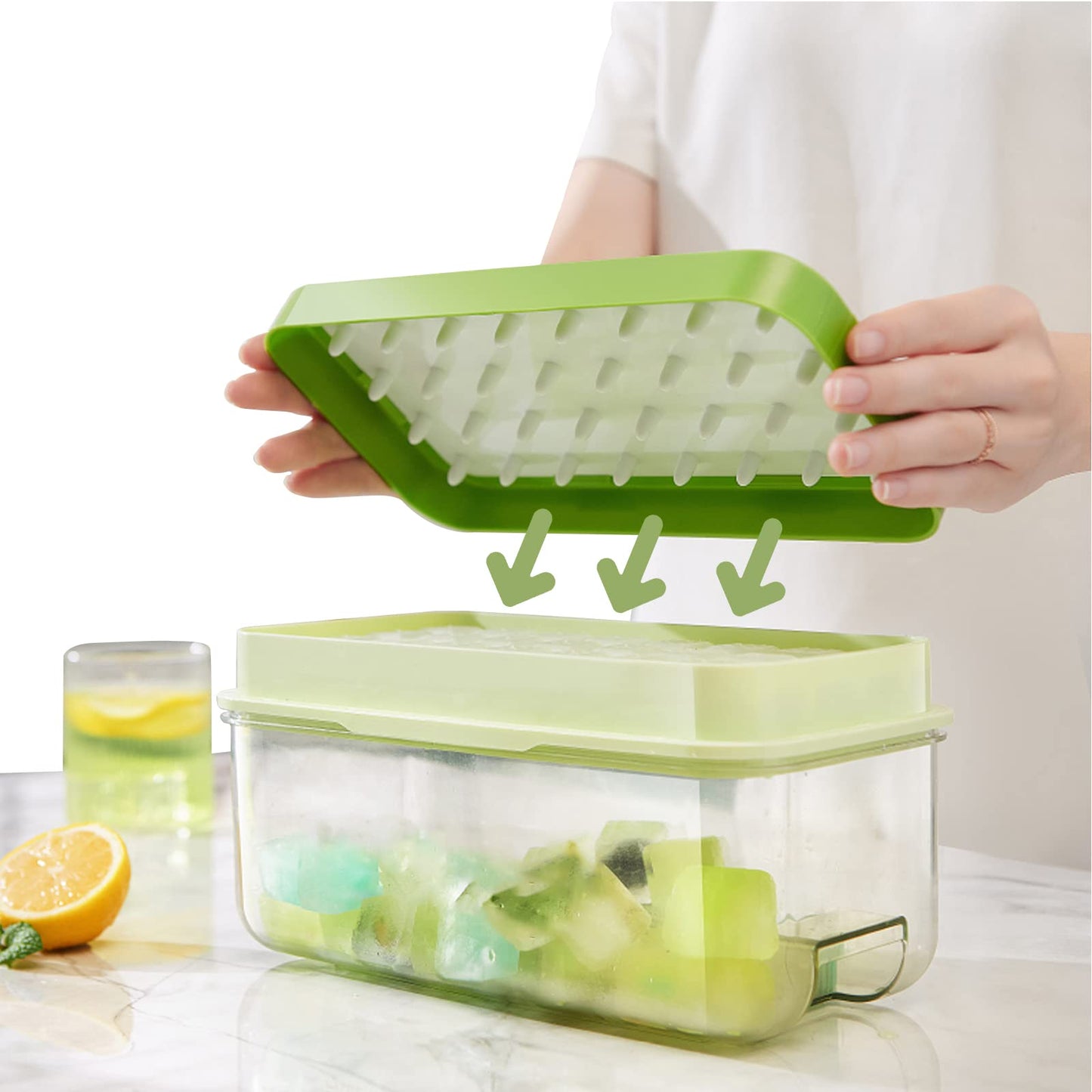 Ice Cube Tray with Lid and Bin, 64 pcs Ice Tray Kit with Ice Scoop, Ice Cube Pop Out Tray, Ice Cube Trays for Freezer, Ice Cube Molds, BPA Free, Easy Release Stackble Spill-Resistant ZZWILLB (Green)