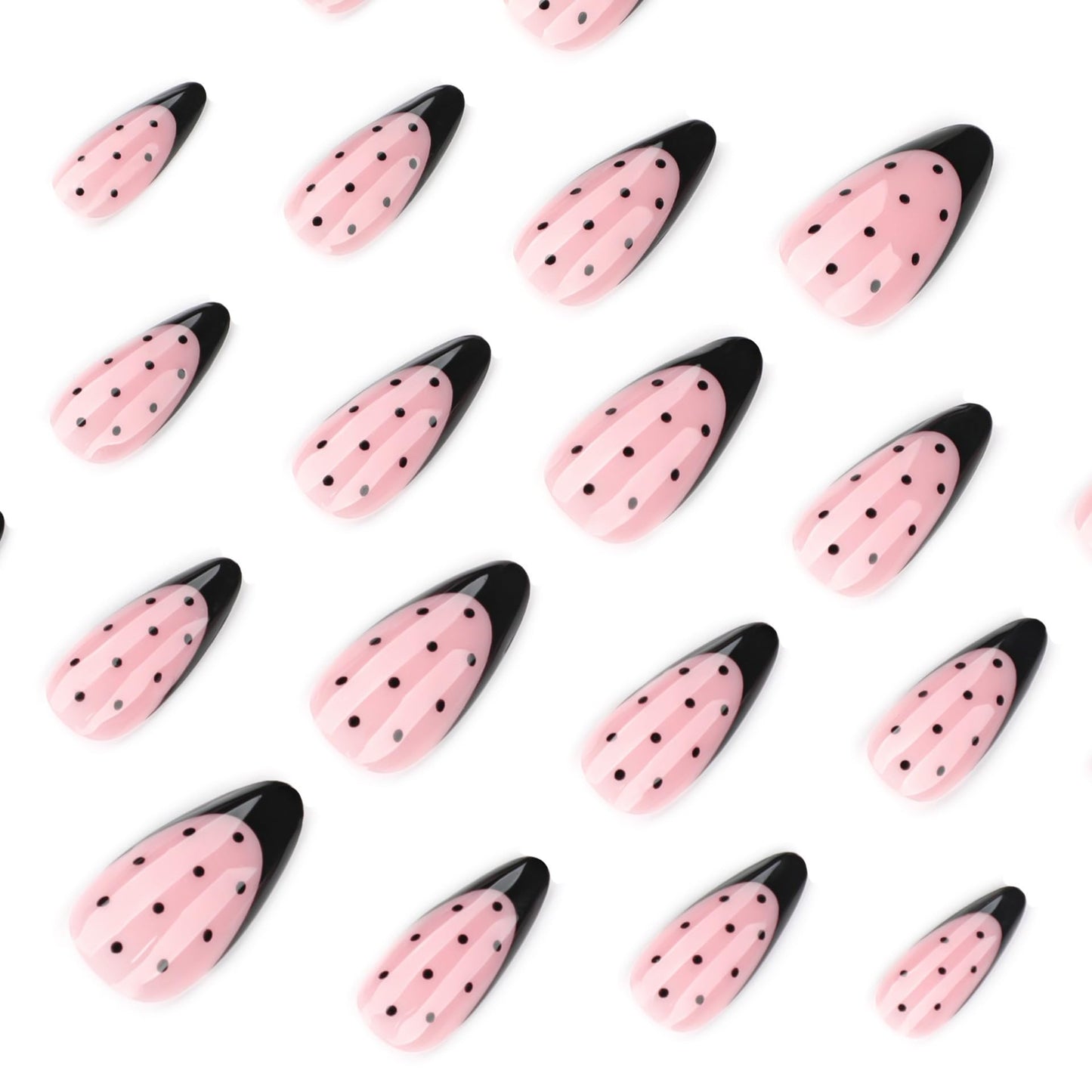 Black French Tip Press on Nails Almond - Medium Fake Nails with Spot Design - Glossy Full Cover Stick on False Nails - for Women 24 Pcs