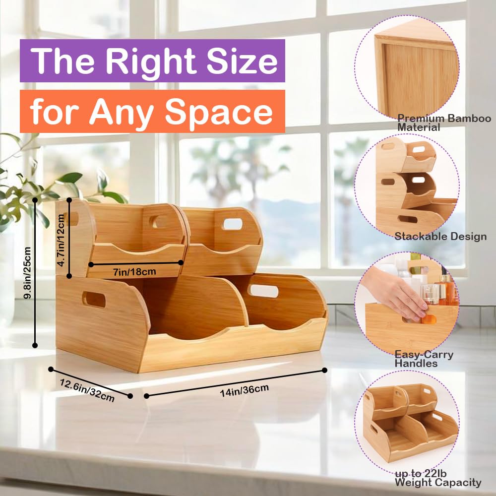 Stackable Bamboo Pantry Organizer - 3-Piece Storage Basket Set for Potato, Onion & Kitchen Cabinet, Tool-Free Assembly, Multi-Size Bins