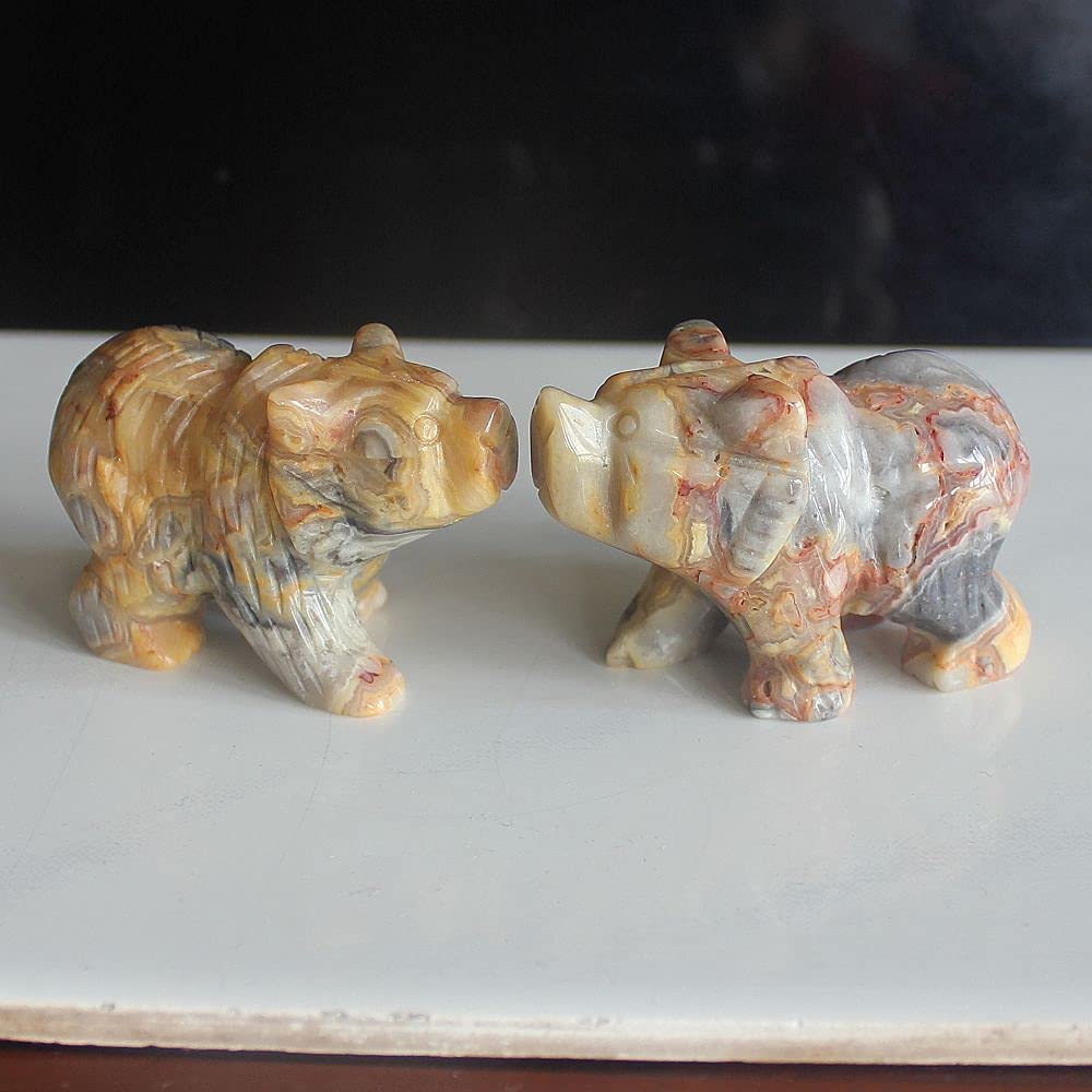 2'' Hand Carved Mixed gemstome Crystal Bear Figurine Animal Carving (Crazy lace Agate 2)
