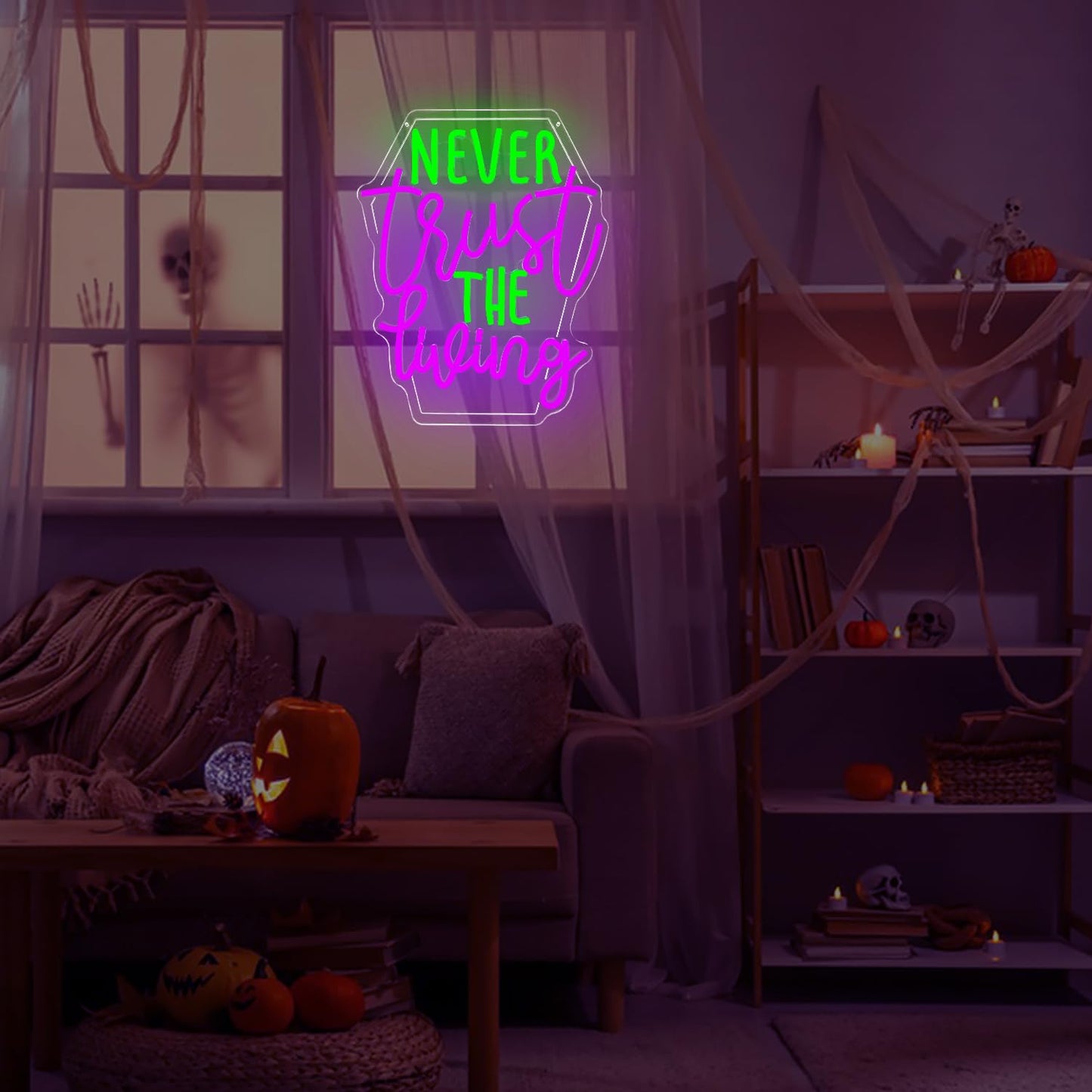 Ajoyferris Never Trust The Living Neon Sign Halloween Led Signs Dimmable Tombstone Light Up Sign Gothic Haunted House Neon Window Lights Scary Halloween Decorations