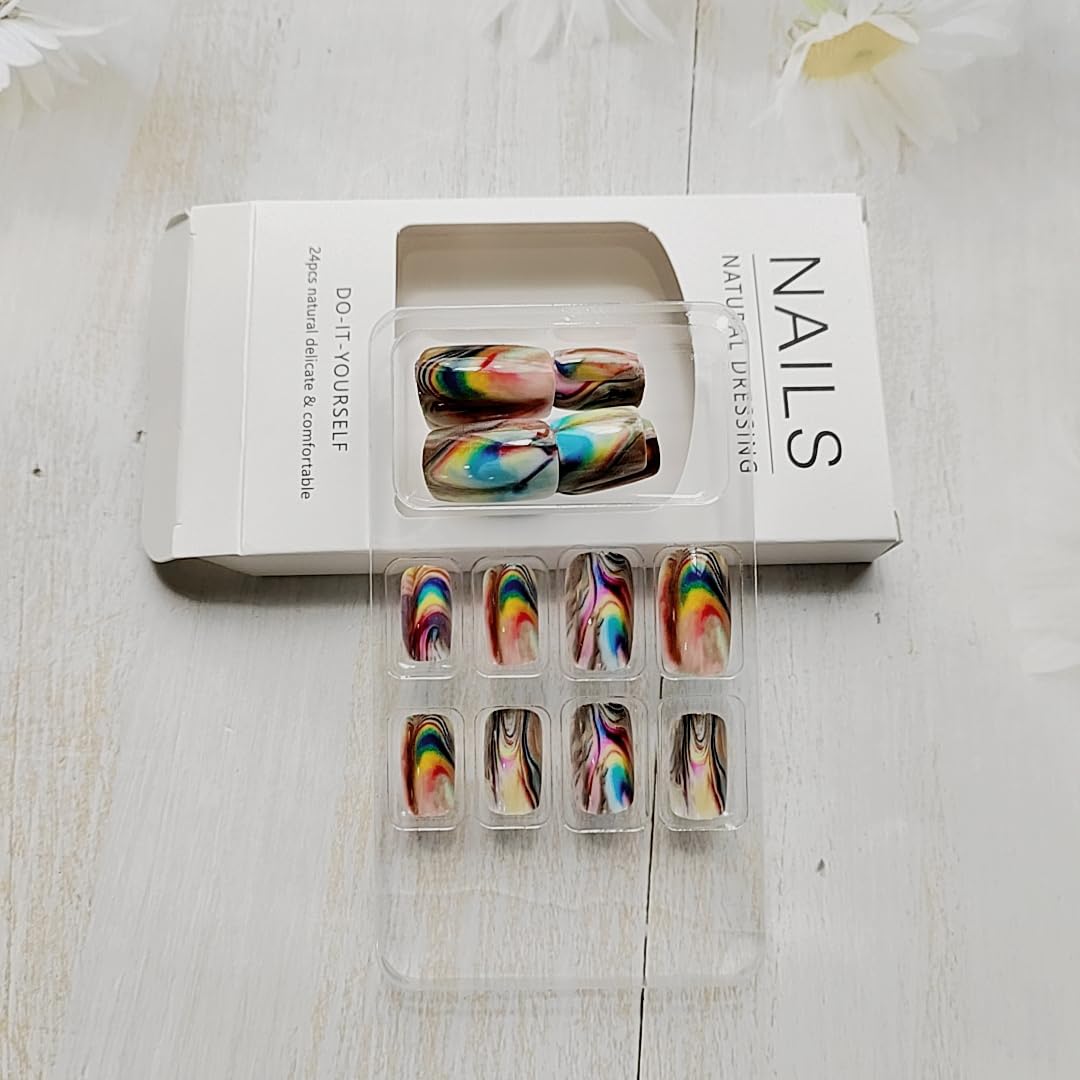 Chrome Press on Nails Medium Square Fake Nails Color Aurora False Nails Press ons with Color Gradient Blending Design Glossy Acrylic Nail Full Cover Reusable Stick on Nails for Women Manicure 24Pcs