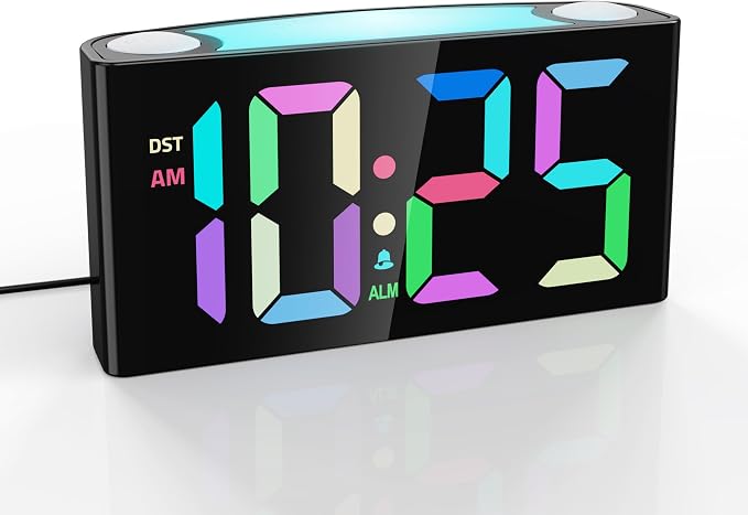 Mesqool Digital Alarm Clock for Bedrooms - Plug-in LED Clock with Dynamic RGB Digits, Dimmable Display & Night Light, 7 Color Options, Adjustable Alarm Volume, DST, 12/24 Hour - Ideal for Kids
