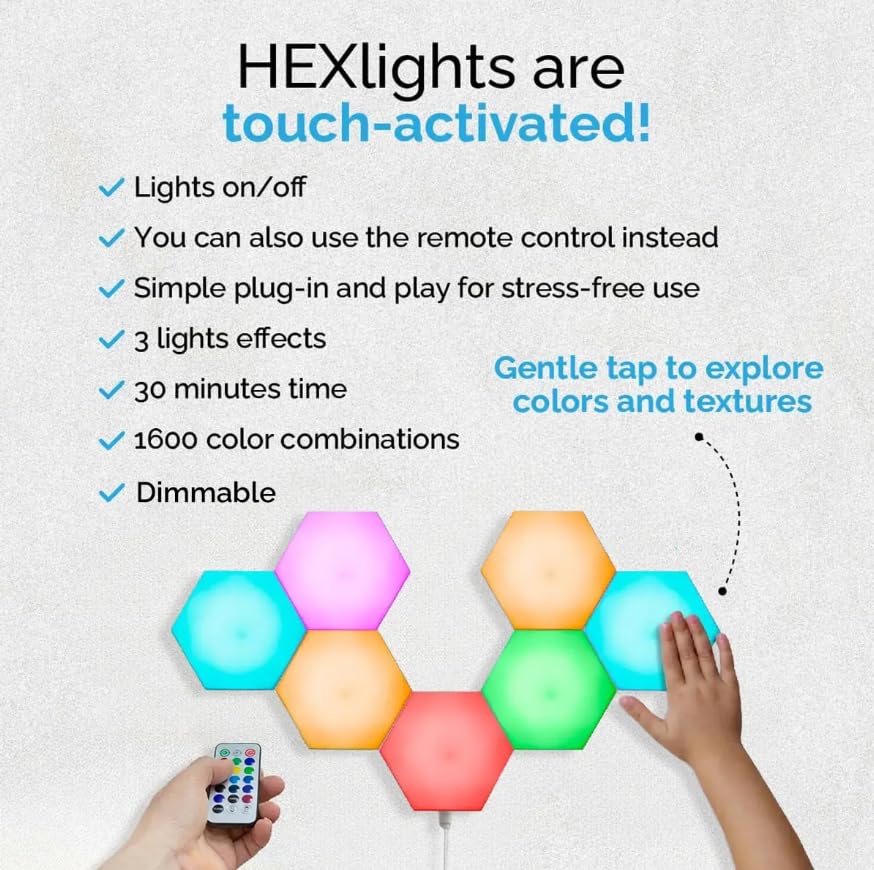 Emberela HEXlights Sensory Lights for Kids - 7pk Touch Hexagon Lights, Remote Controlled - Autism-Friendly Tap Tap Wall LED Panels for Sensory Room - Table Stand Included
