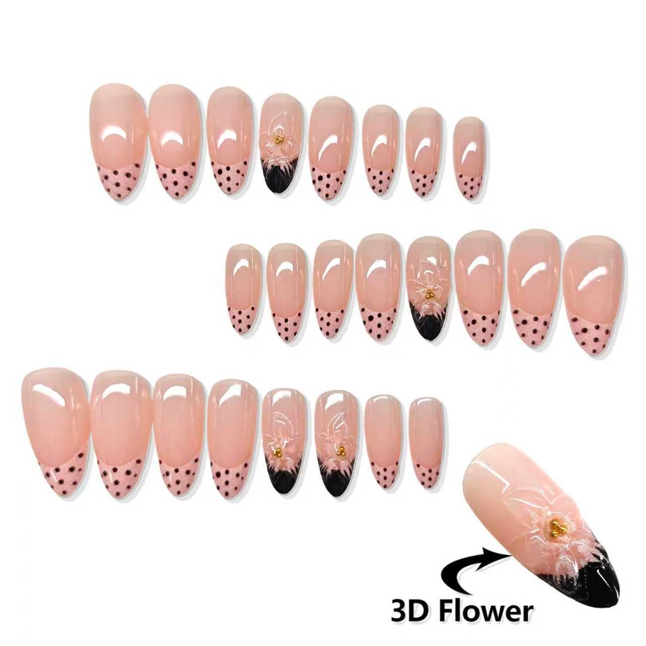 Polka Dot French Tip Press on Nails Medium Almond Fake Nails with 3D Flower Nails Press ons,Glossy Full Cover Glue on Nails Pink Spring Reusable Soft Nails for Women Girls 24Pcs