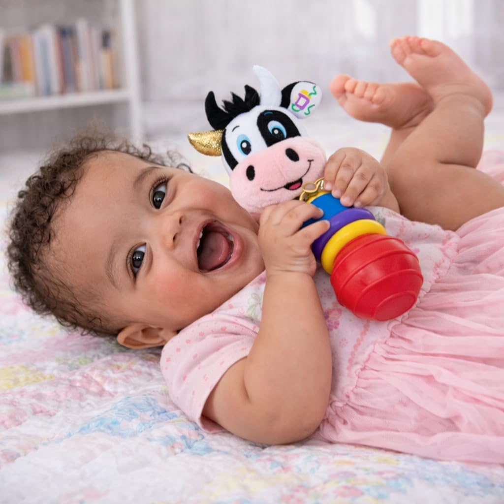 Balibazoo Clara The Cow Plush Baby Rattle & Teething Stick - Newborn Rattle Toy for 0-18 Month Babies | Soft Stuffed Cow with Bell, Easy-Grip Handle | Sensory Developmental Infant Rattle