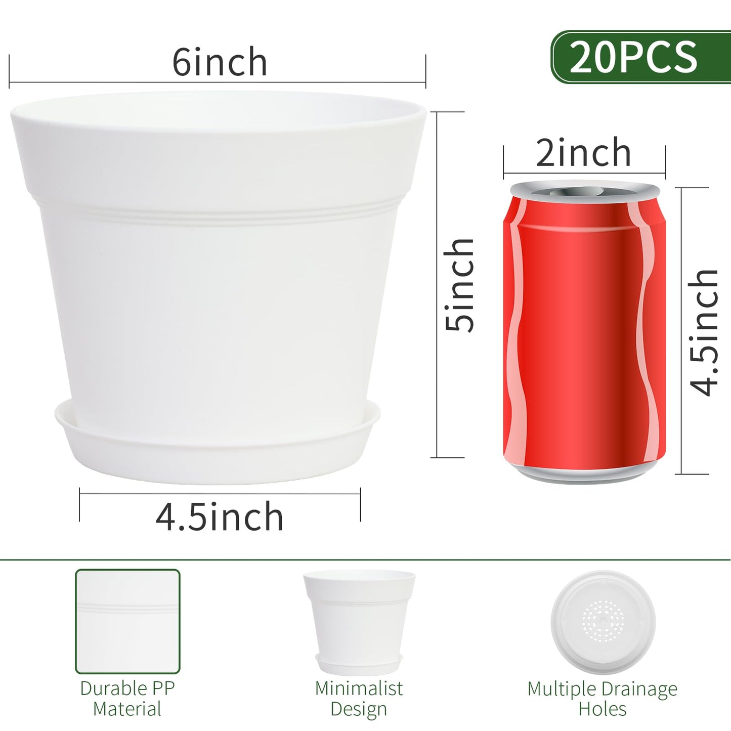 GARDIFE 20 Pack 6 inch Plant pots, planters for Indoor Plants, Flower pots, White