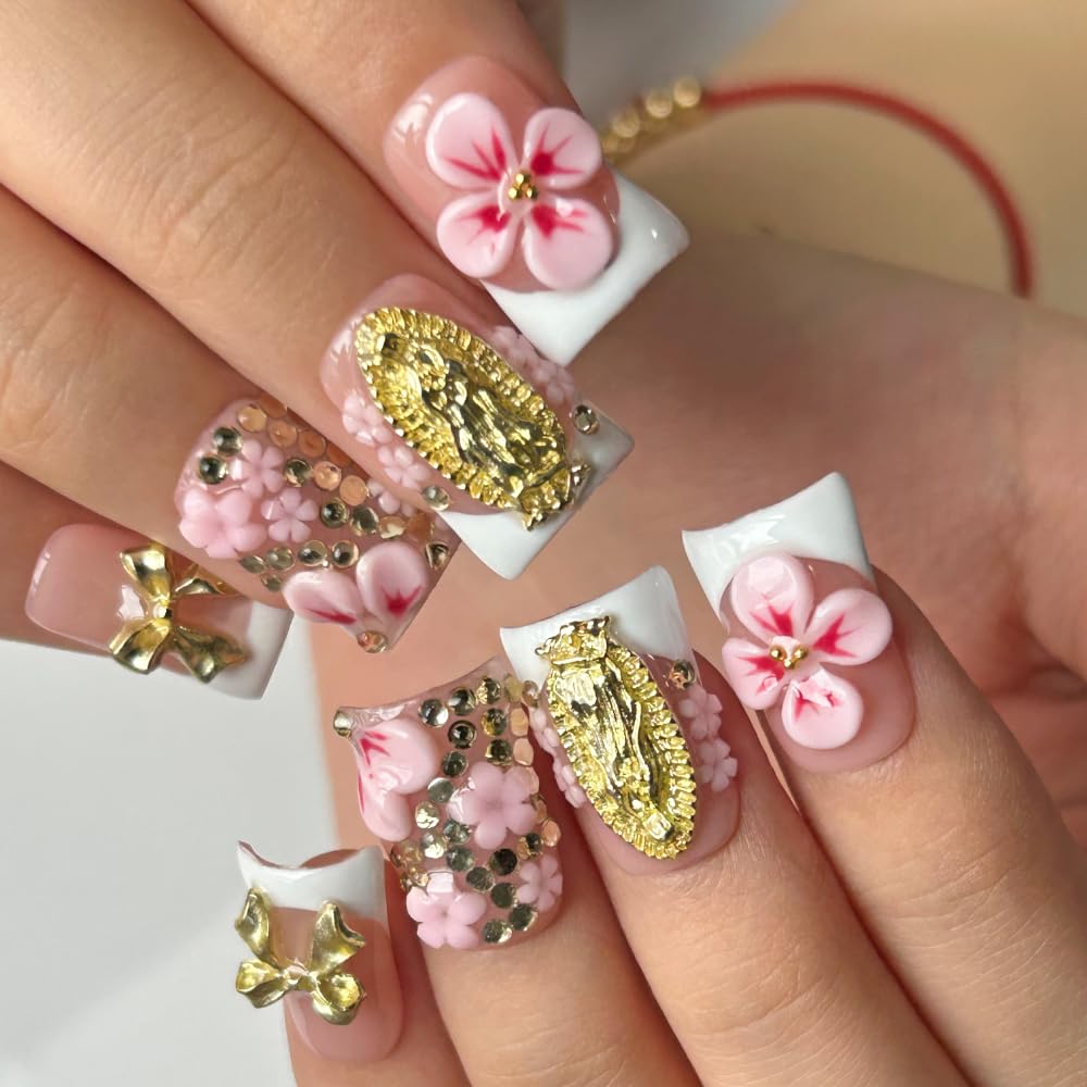 Press On Nails Handmade Short Duck Nails, Glossy Art Designs Reusable Acrylic Artificial Stick On Nails, 10 Pcs False Nails Set (Size M)