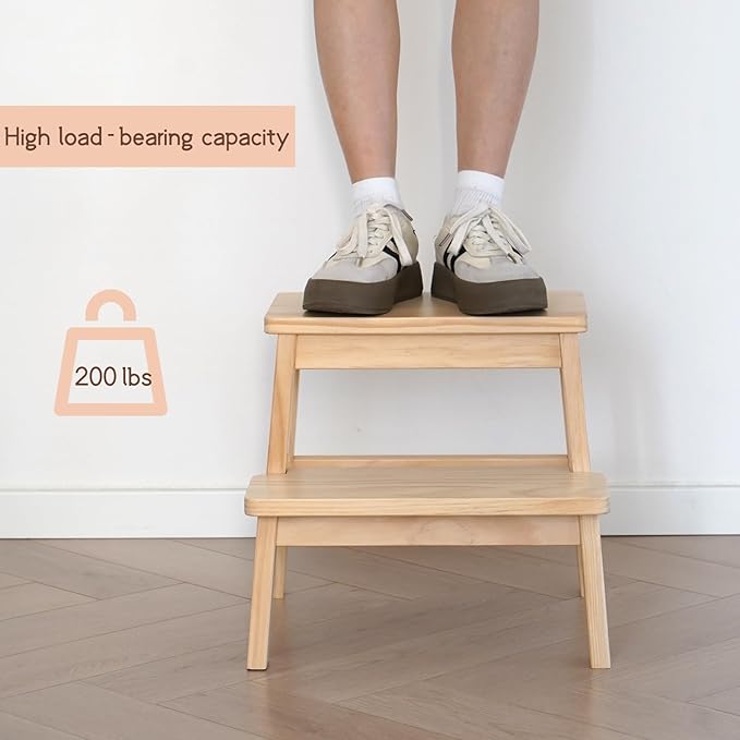 Adult & Child Wooden Two Step Stool ，Stepping Stool，Kids Step Stool Kitchen Step Stools for Bathroom– Perfect for Kitchen, Bathroom, Bedrooms & More (Wood Color)