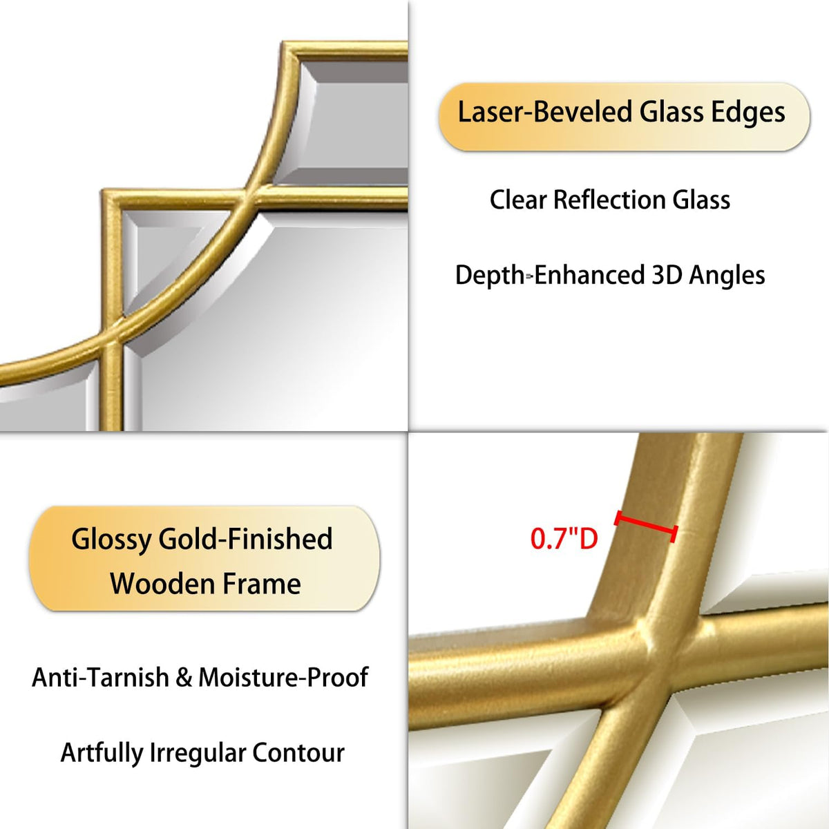 30x20 Inch Gold Bathroom Mirror, Wooden Frame with Scalloped Polished Beveled Glass, Modern Art Wall Decor for Vanity, Irregular Rectangle Mirror for Bedroom, Living Room, Fireplace & Entryway