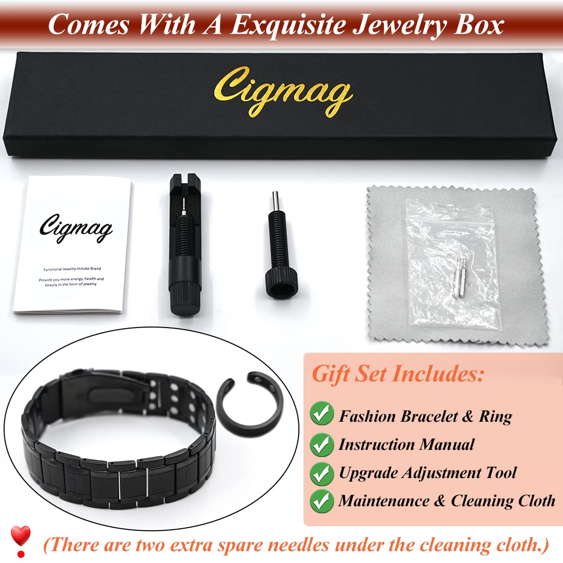 Cigmag 3X Magnetic Bracelets for Men Ultra Strength Magnets Upgrade Folding Clasp Titanium Bracelet & Copper Ring Adjustable with Sizing Tool (Black)
