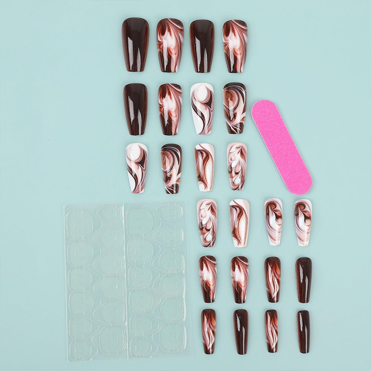 Brown Marble Press On Nails Medium Length Fake Nails Coffin Shaped Glue On Nails With Coffee Designs Glossy Acrylic Artificial Nail Reusable False Nails For Women Girls 24pcs
