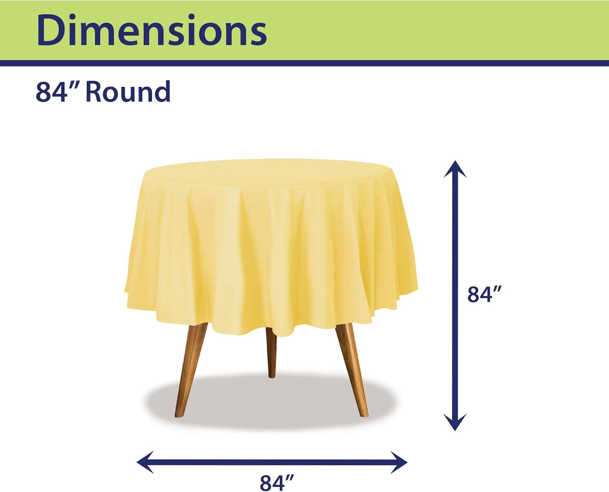 Yellow Disposable Plastic Tablecloth for Round Tables (12 Pack) 84 inches Table Cloths for Parties, Events & Weddings, Indoors & Outdoors, Plastic Table Cover