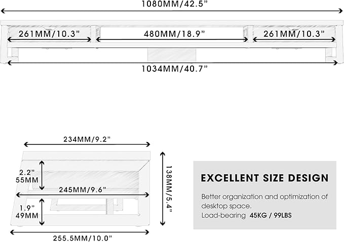 Fenge Dual Monitor Stand, Monitor Riser with Drawer, 42.5 Inch Large Computer Monitor Stand for 2 Monitors, 2 Tier Wooden Desk Shelf for Top of Desk
