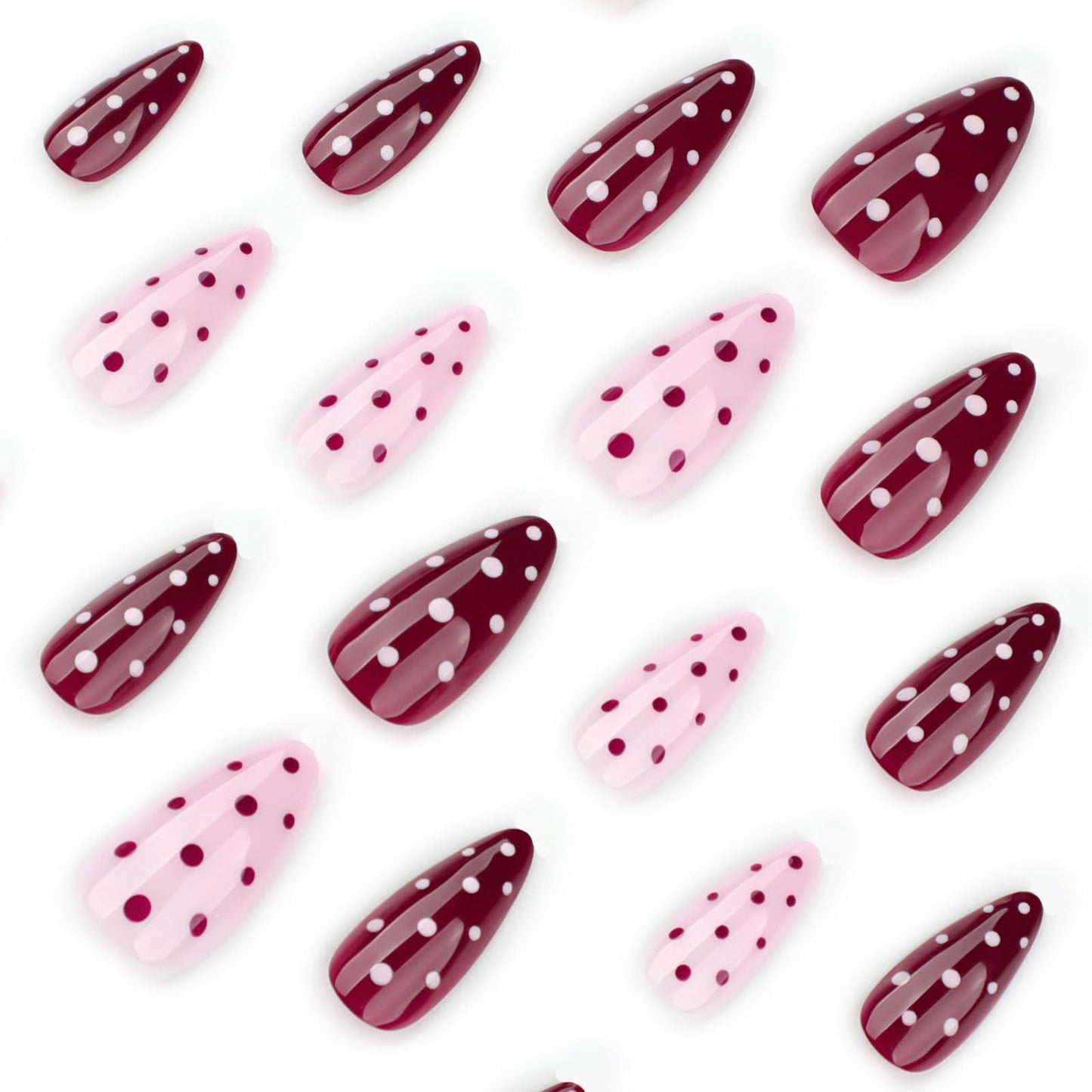 IMSOHOT Press on Nails Medium Almond Fake Nails with Polka Dot Pattern Designs Cute Pink Red Glossy Glue on Nails Acrylic False Nails for Women Nail Decoration