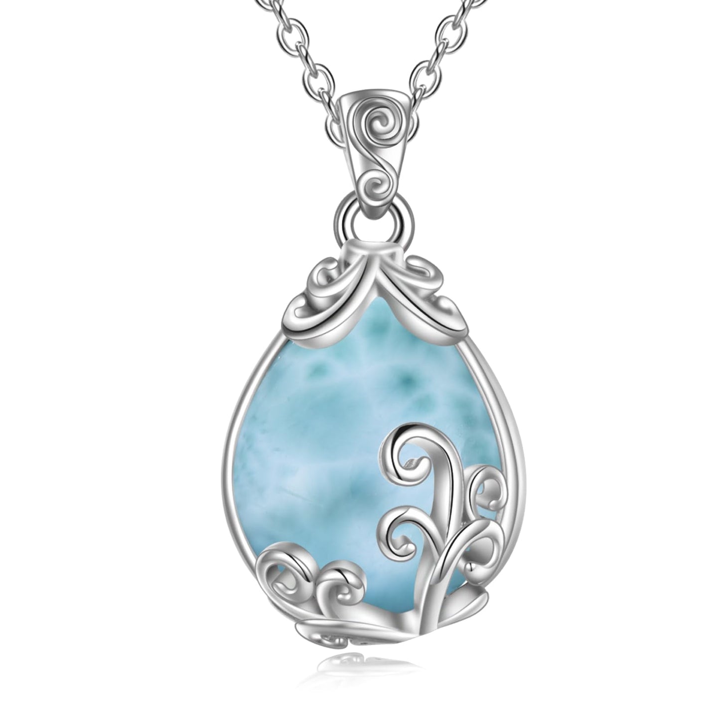 POPLYKE Sterling Silver Larimar Filigree Teardrop Pendant Necklace Gemstone Crystal Jewelry for Women