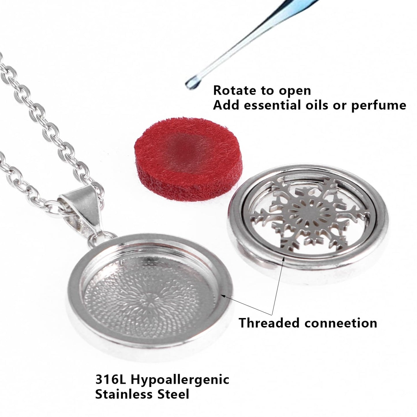 YWLI Essential Oil Diffuser Necklace Aromatherapy Locket Pendant Necklace Stainless Steel Snowflake Necklace Pendant with 10 Pcs Refill Pads