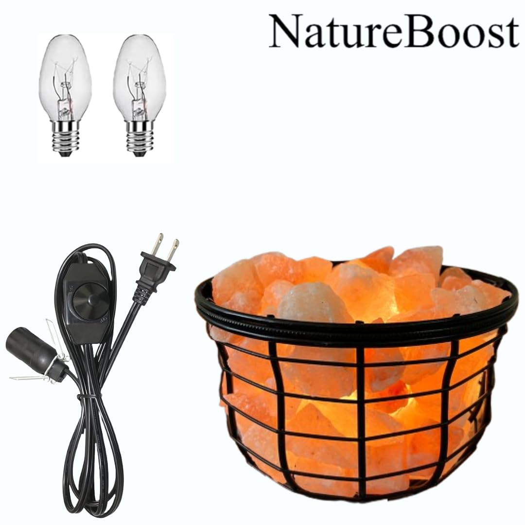 NB Himalayan Pink Salt Metal Lamp with Natural salt chunks comes with dimmer switch and a pair of bulbs (ROUND)