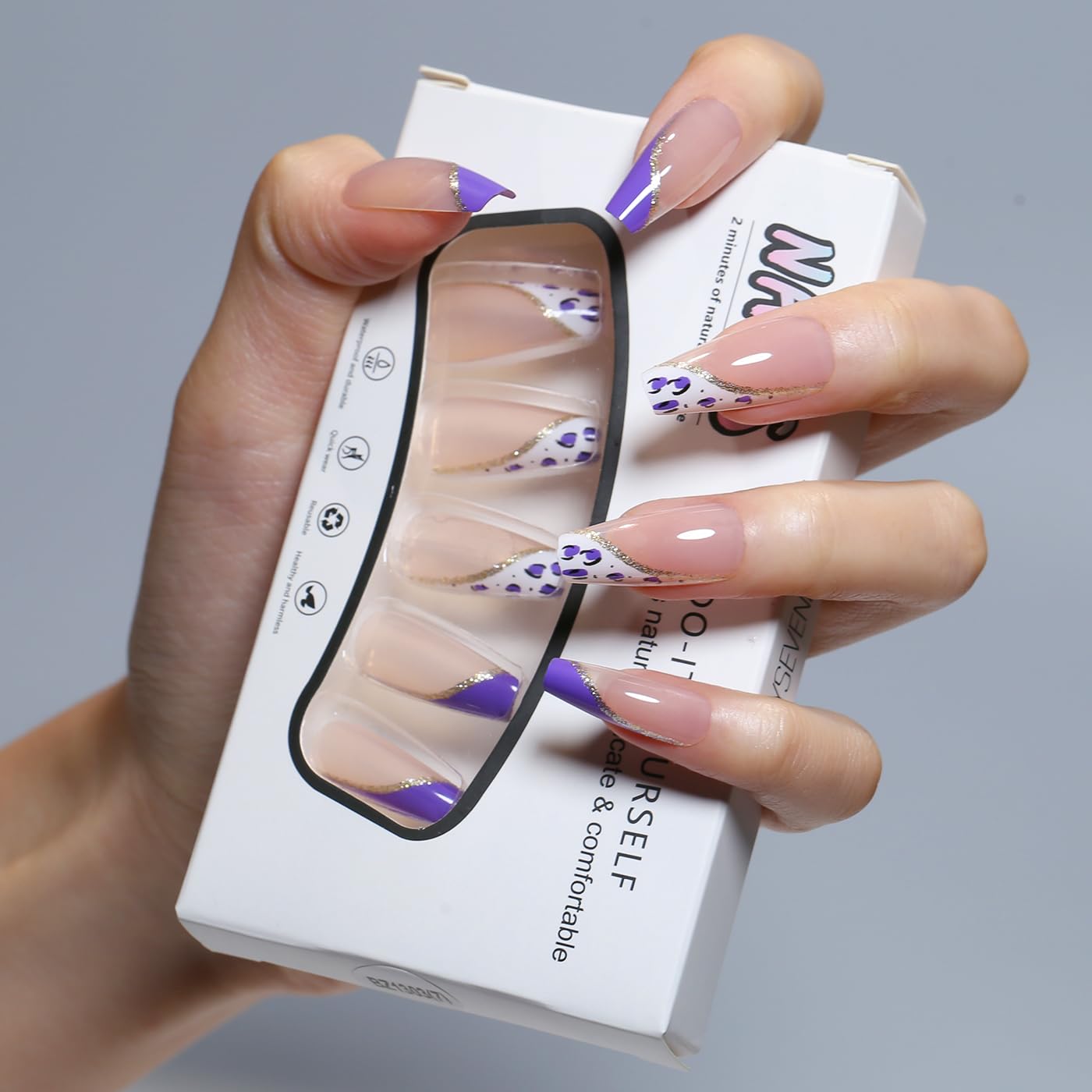Goolich Purple French Tip Press On Nails Medium Coffin, Leopard Print Nails Press ons Set with Adhesive Tabs, 24 Pcs 12 Size Reusable Full Cover Glue on Nails for Women