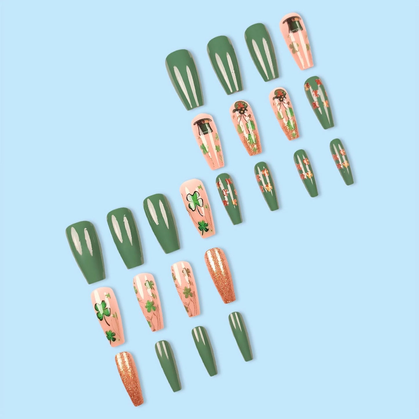 MISUD Press on Nails - Long Coffin Fake Nails with Green Shamrock, Acrylic Bling Gold Glitter Design 24 pcs