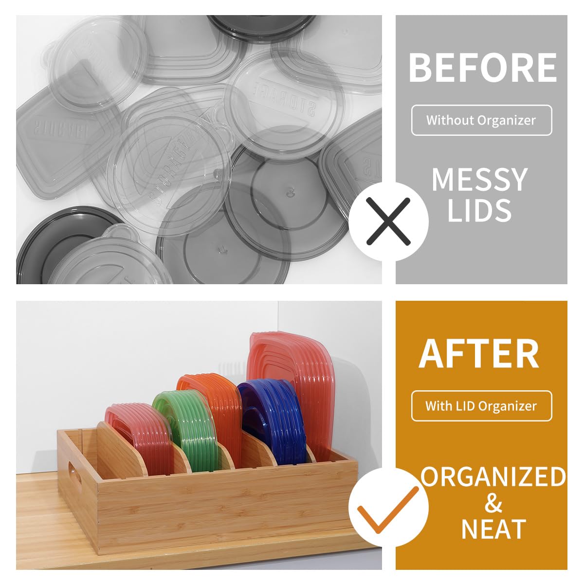 XiaoyuziTF Bamboo Lid Holder Food Container, Kitchen Organizer with 5 Adjustable Dividers, Cabinet Organizer for Food, Kitchen Gadget, Container Lids (2pcs)