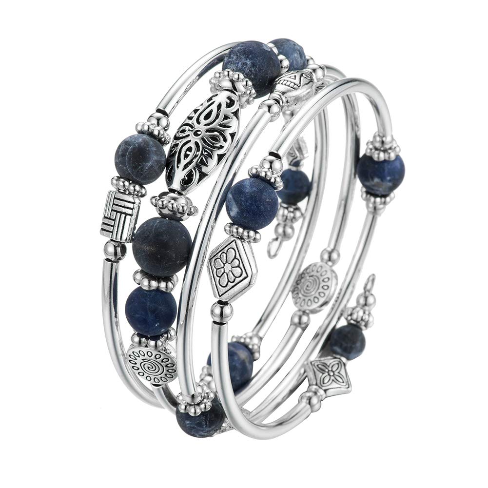 BULINLIN Layered Wrap Bangle Turquoise Bracelet - Bead Bracelet with Natural Agate Stone, Gifts For Women (04-Navy blue)
