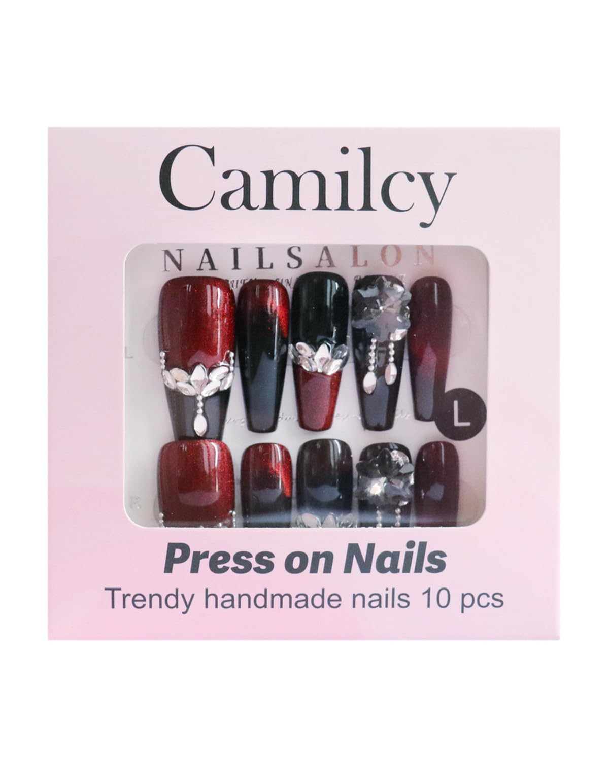 CAMILCY Press on Nails Handmade Nails Luxury Reusable Fake Nails For Girls long Coffin Armor Gradient Black RedDiamonds HandPainted Salon Loveful Design Acrylic GelUV Finished 3D Nails 10PCS (A008, M)