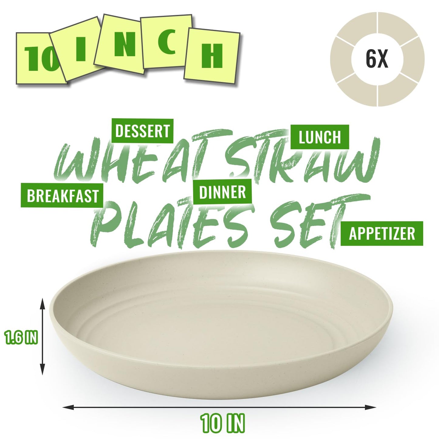 Perlapoc Wheat Straw Plates 6-Piece Set, 10 Inch Unbreakable Deep Dinner Plates, Reusable Plastic Plates Microwave and Dishwasher Safe BPA-Free for Family, Daily Use, LightGrey