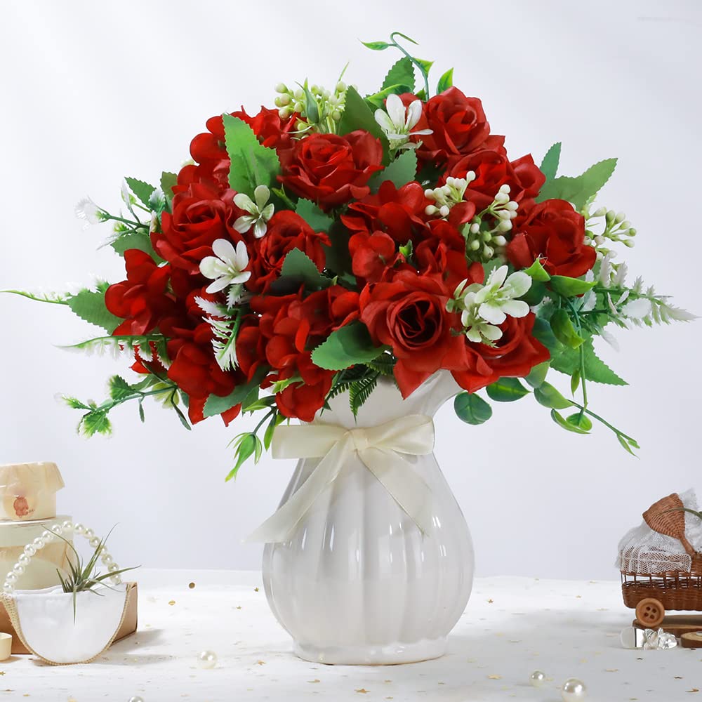 LESING Artificial Rose Silk Hydrangea Flowers Bouquets with Vase Rustic Fake Flowers for Home Decoration Table Centerpiece(Claret Red)