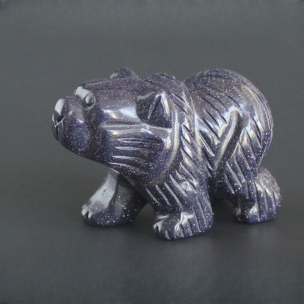 HLbshi Hand Carved Gemstone Crystal Bear Figurine Animal Statue Carving Office Home Decor Collections 2'' (Blue Goldstone)