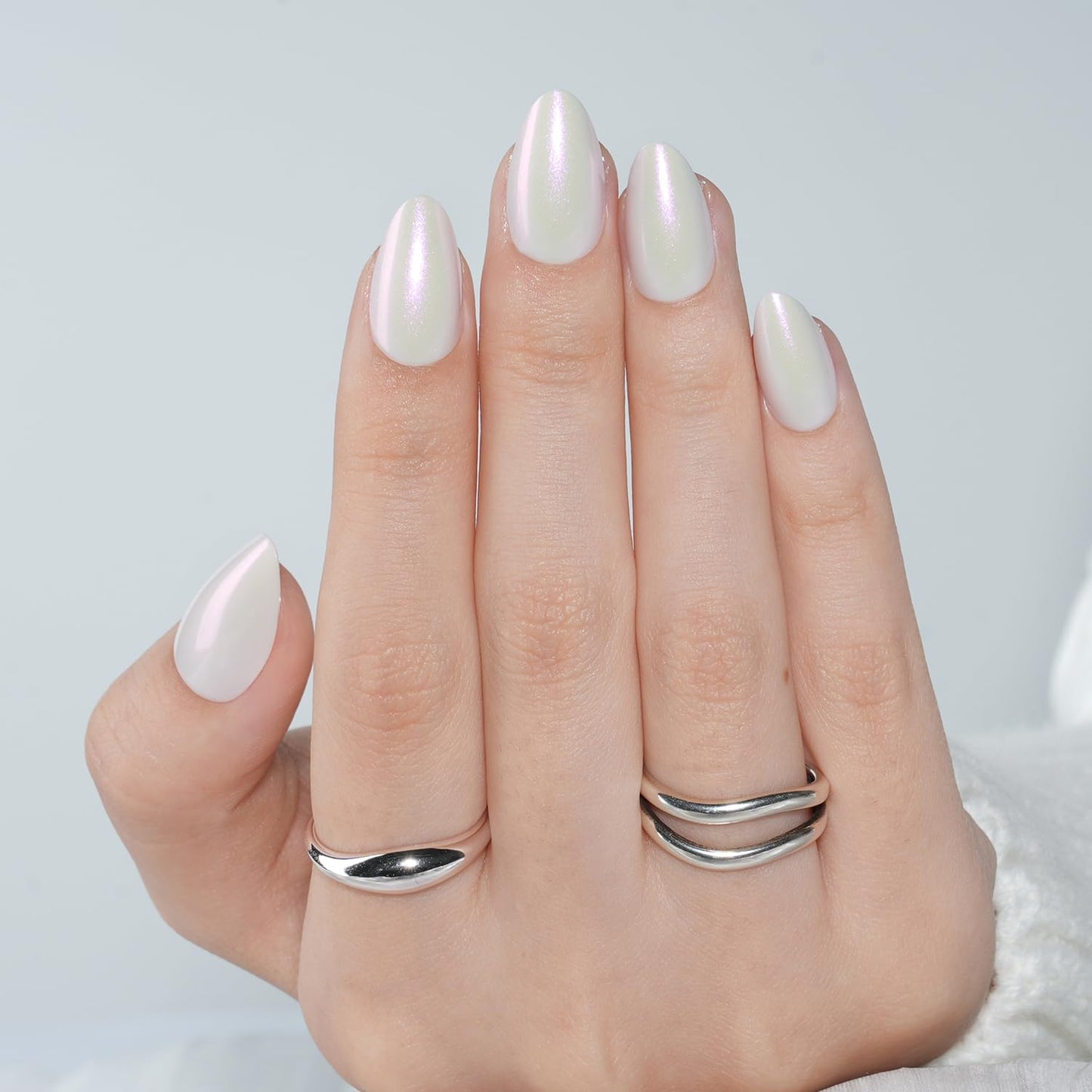 White Press On Nails Almond - White Almond Fake Nails, Short Press On Nails Chrome Reusable Stick On Nails in 16 Sizes, 32pcs False Nail Kit for Women & Girls(Pearl Whisper)