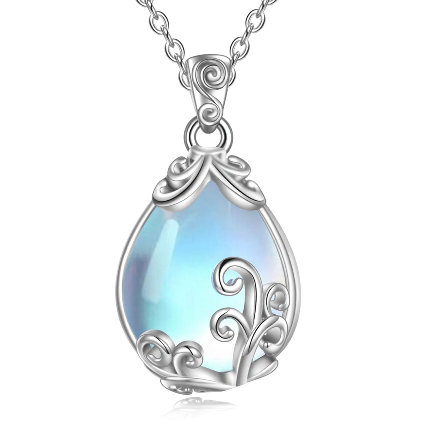 POPLYKE Sterling Silver Moonstone Filigree Teardrop Pendant Necklace Gemstone Crystal Jewelry for Women
