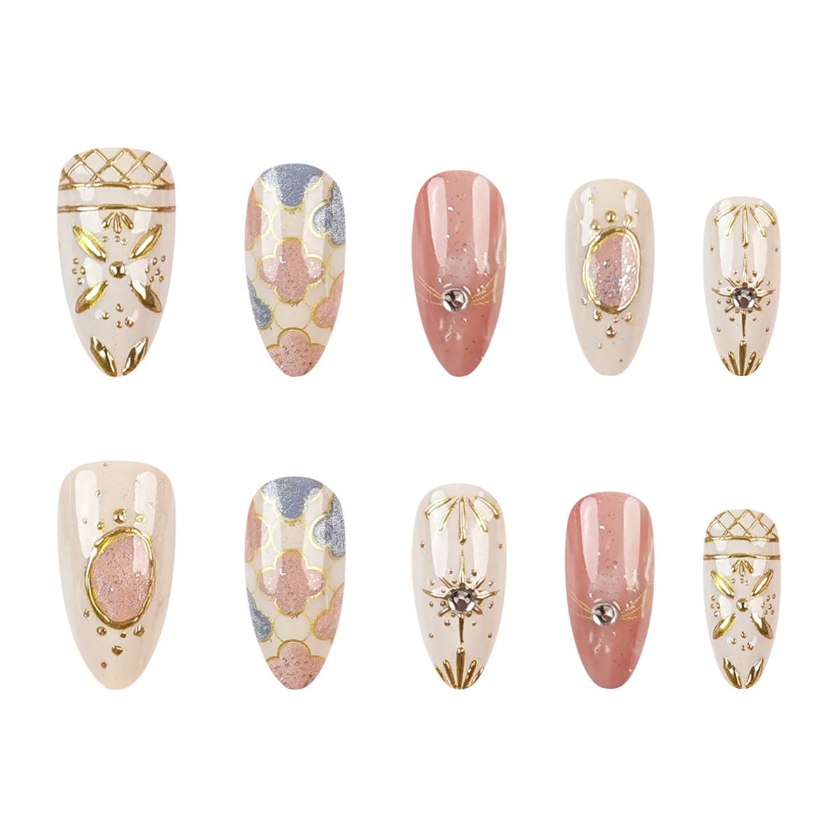 Medium Almond Press on Nails - Retro Fake Nails with Rhinestones | Star | Four-Leaf Clover Designs Glitter False Nails Reusable Full Cover Stick on Nails for Women Manicure 24Pcs