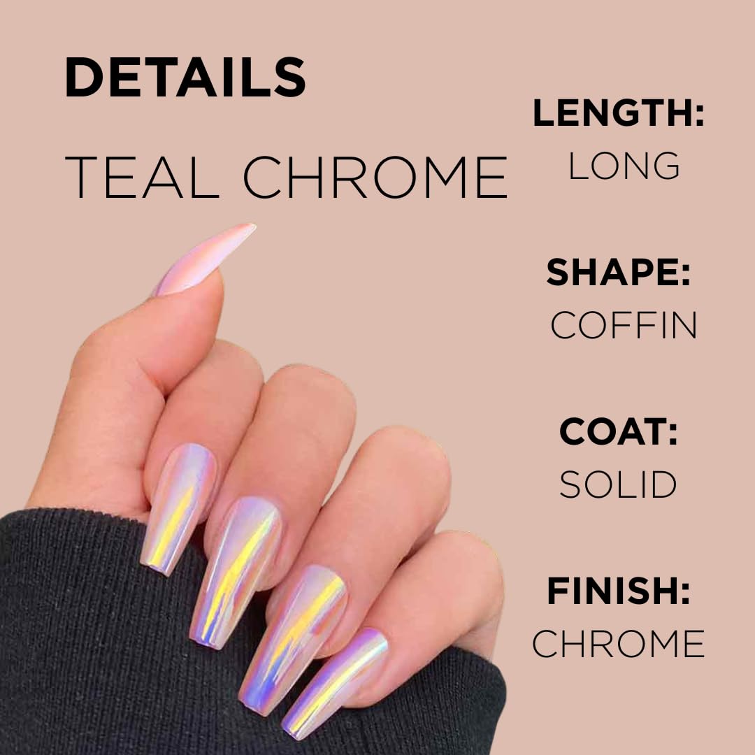 TEAL CHROME Press-On Nails by Lavaa Beauty | Long Coffin | Chrome Teal/Purple Coffin Nails
