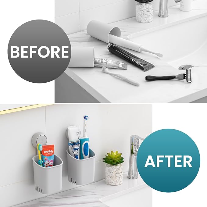 TAILI Suction Toothbrush Holder 2 Pack, Powerful Toothpaste Toothbrush Suction Cup, Self-draining Shower Razor Holder, Shower Toothbrush Holder for Wall, Kitchen Tableware Holder, Gray
