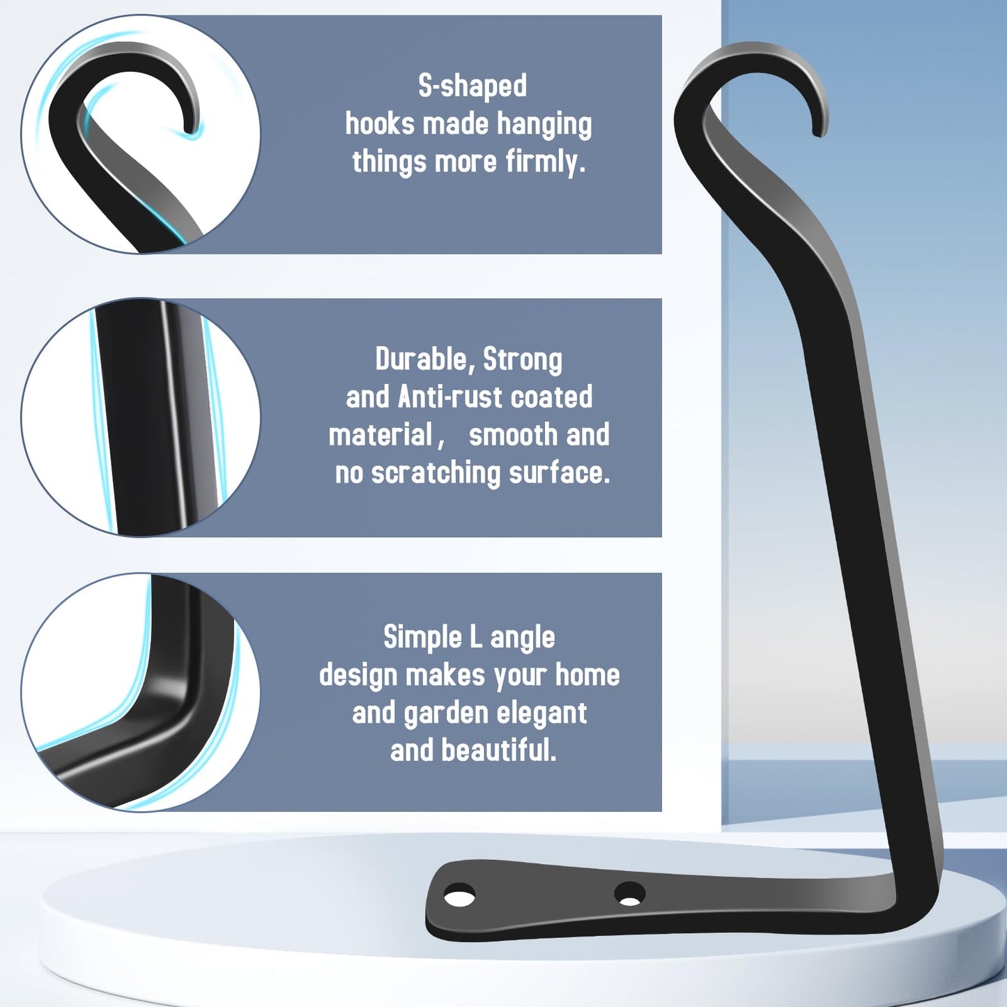 FEED GARDEN 2 Pack 8 Inch Hanging Plant Bracket Wall Hooks Decorative Plant Hangers for Outdoor Hanging Bird Feeders, Wind Chimes, Plant Baskets, Black