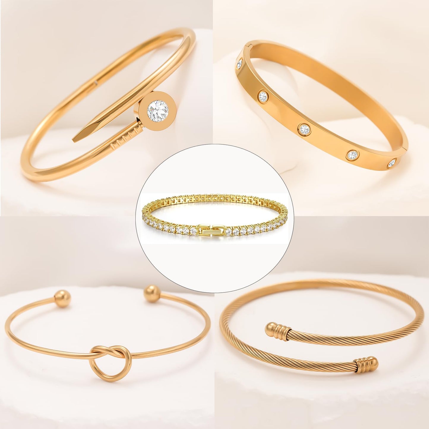 FAFUGA 18 K Gold Plated Love Bangle Bracelet Stack Cuff Jewelry for Women Jewelry Set for Women Gift with Box (style2)