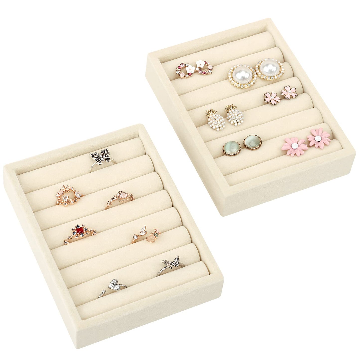 DesignSter Small Jewelry Tray-Ring Organizer 2PCS Premium Velvet Rings Earrings Display Tray Storage Insert Holder for Jewelry Box, Drawer, Dresser (8 Slots, Beige)