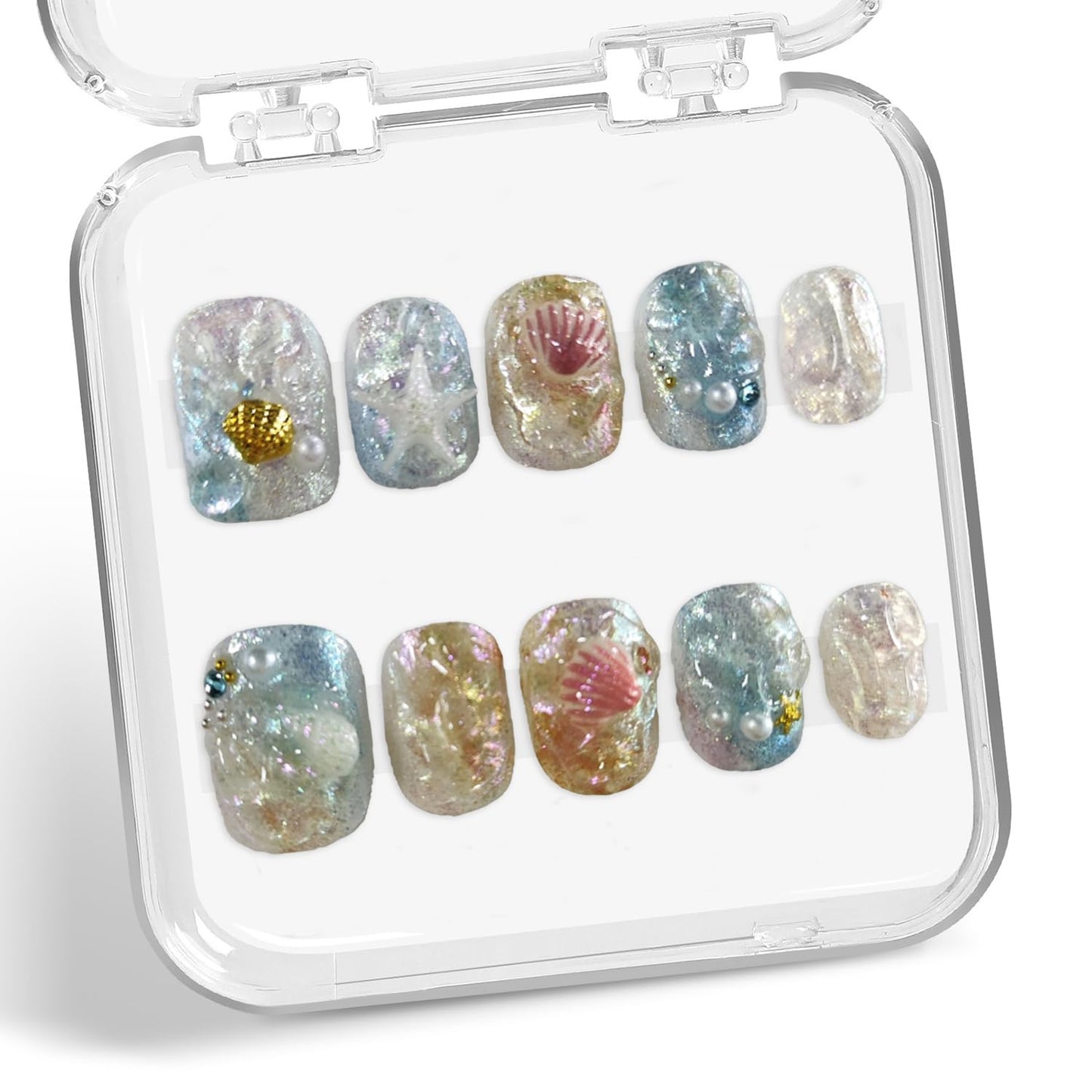 Short Square Shaped Press on Nails Gradient Fake Nails Handmade Press on Nails Luxury Starfish Seashell and Pearl Designs Full Cover Thick Stick on Nail Glitter Acrylic Nails for Women (Size S)