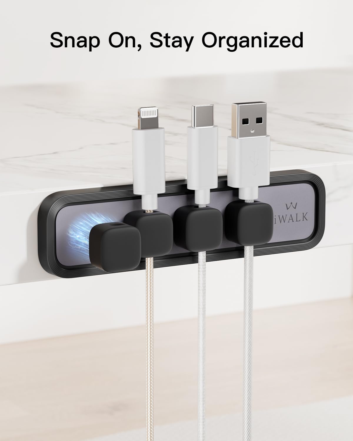 iWALK Magnetic Cable Holder,Reusable Adhesive Desktop Cord Organizer for 2-6mm Cables,4 Clips for Lightning & USB C/Micro Cables,Sticks to Wood,Glass,Metal, Marble,2-Pack,Black