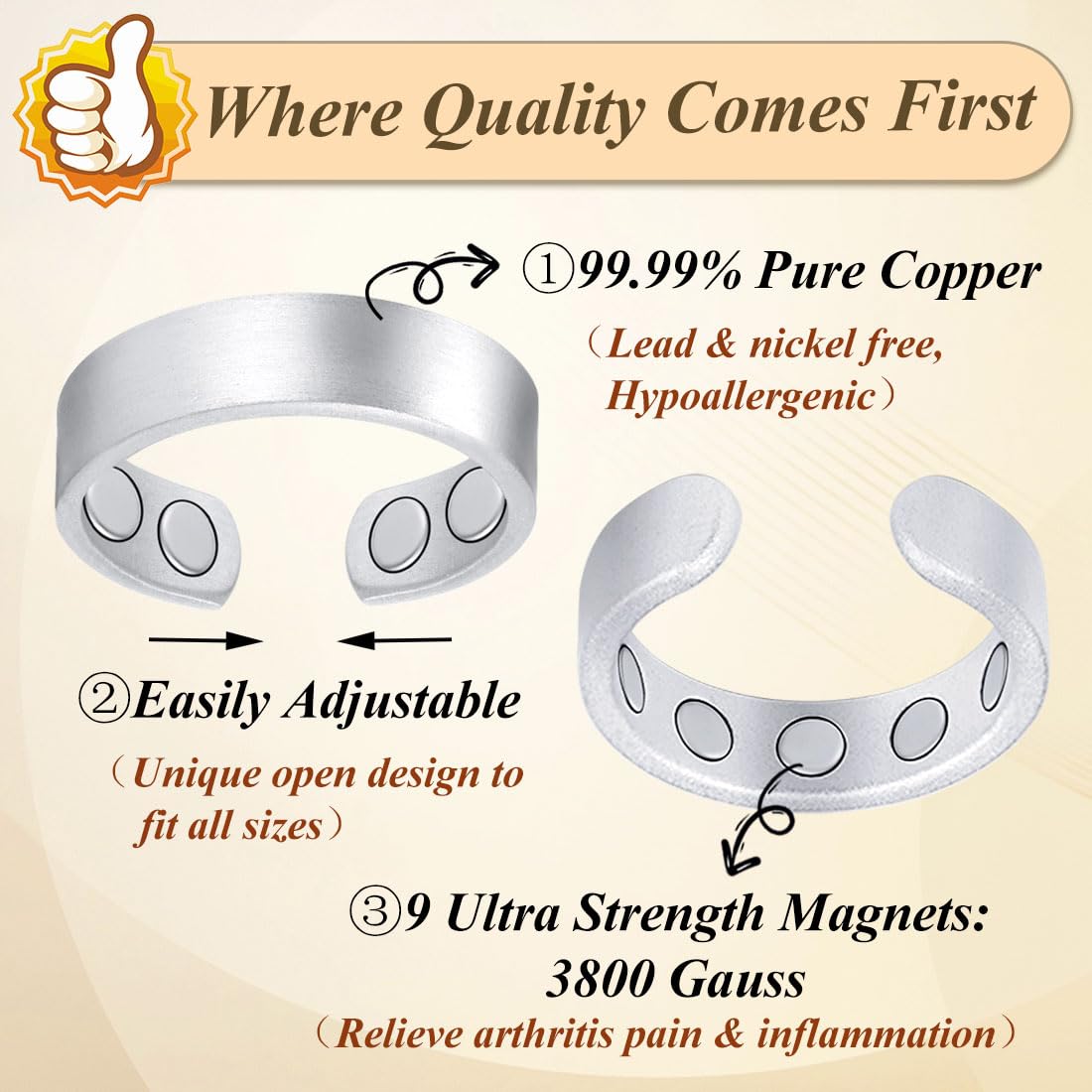 Cigmag 2PCS Copper Rings for Women Men, with Powerful 9X Magnets, Adjustable Solid Pure Copper (Silver Matte)