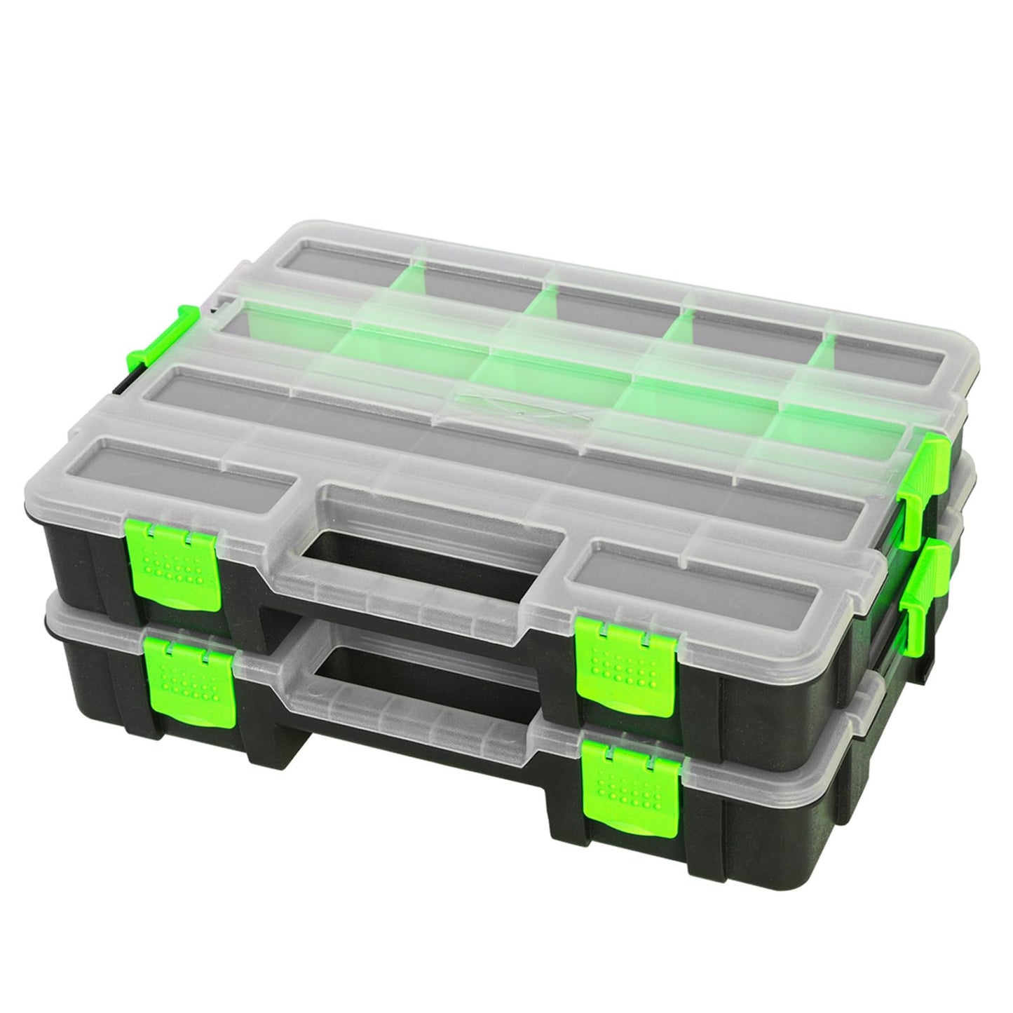Jack Boss Tool Box with Transparent Lid, Single Side 17-Compartments Organizer Box with Removable Dividers for Hardware, Screws, Bolts, Nails, Beads, Jewelry and Fishing Accessories, Green, 2 Pack