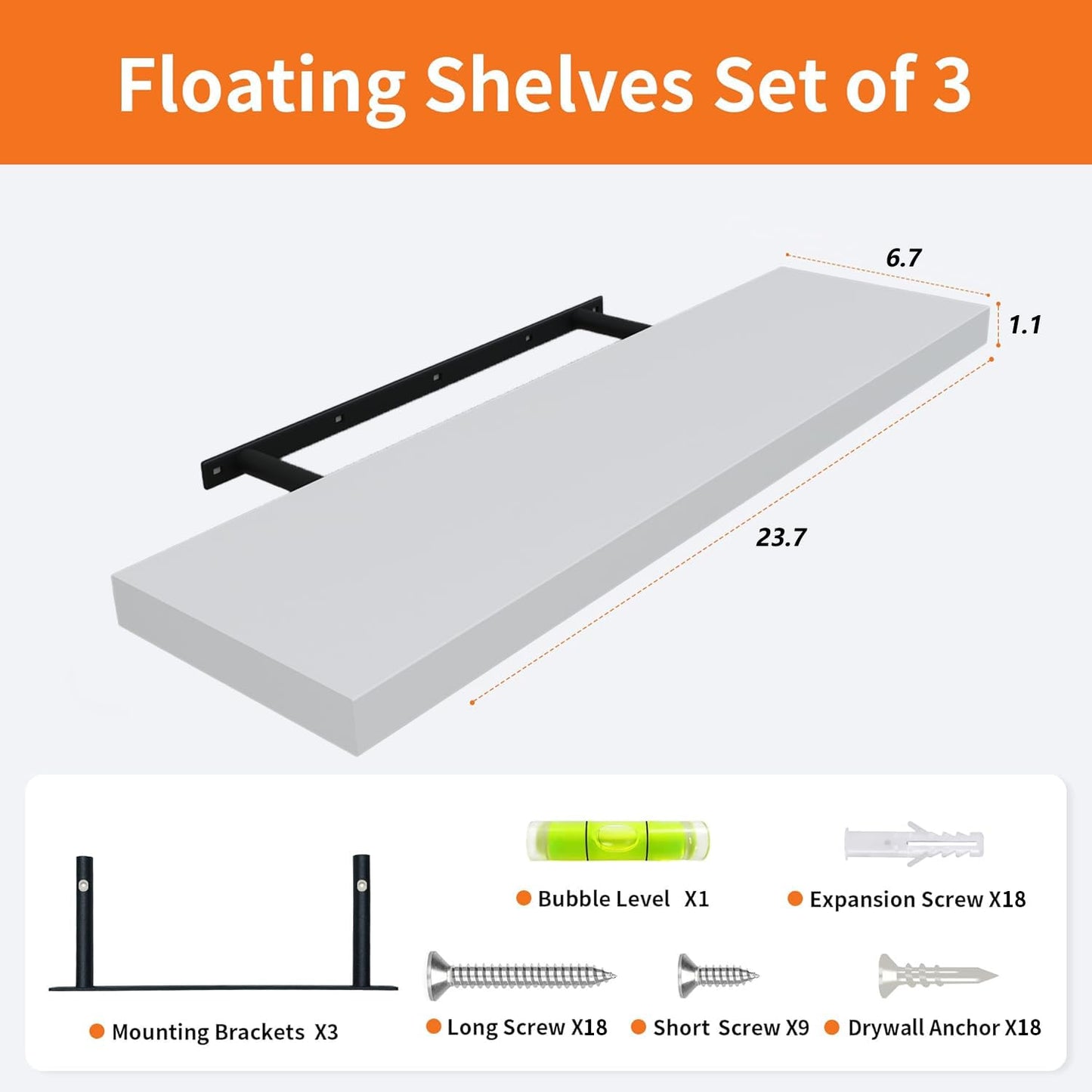 Upassion Floating Shelves for Wall Set of 3, 24" White Wall Shelves for Home Decor, Frame Display White Floating Shelf for Living Room, Bedroom, Bathroom, Kitchen