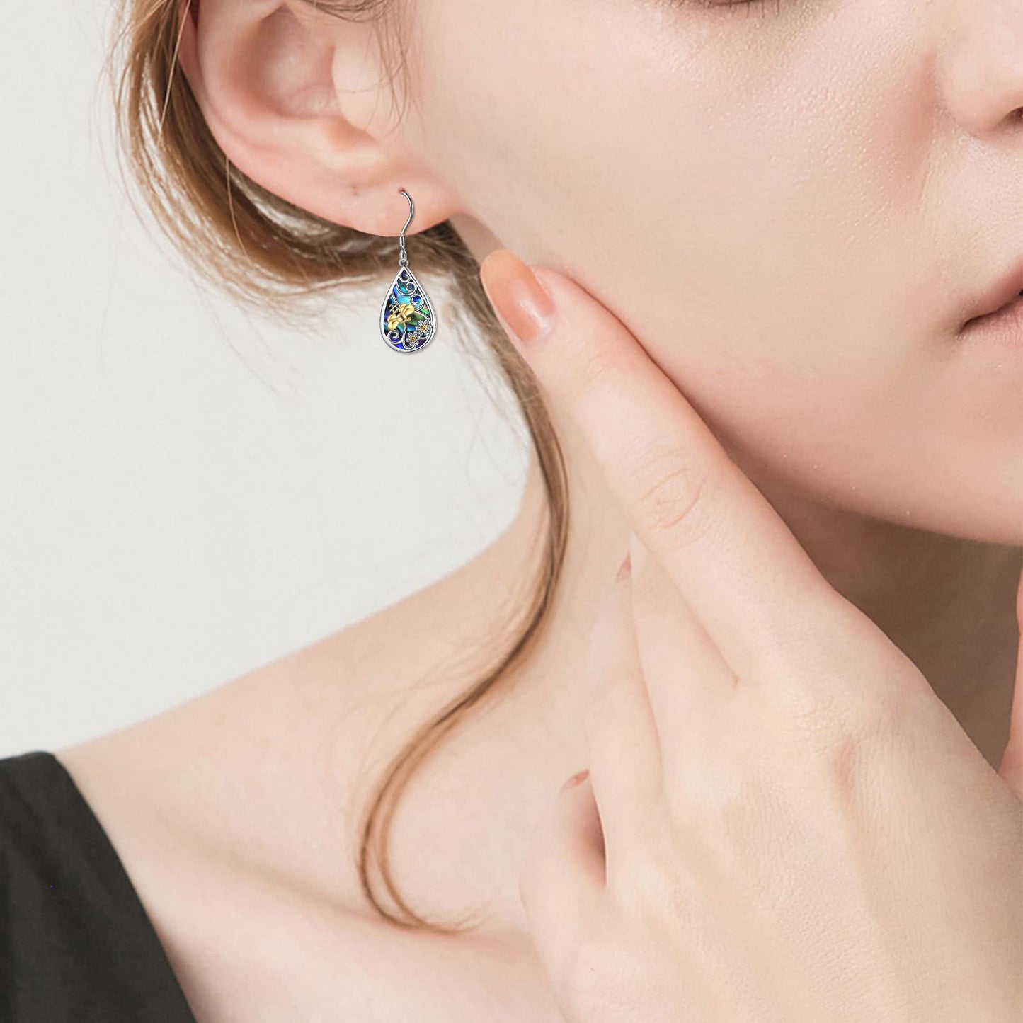 POPLYKE Bee Earrings Sterling Silver Leverback Earrings for Women Teardrop Abalone Dangle Earrings