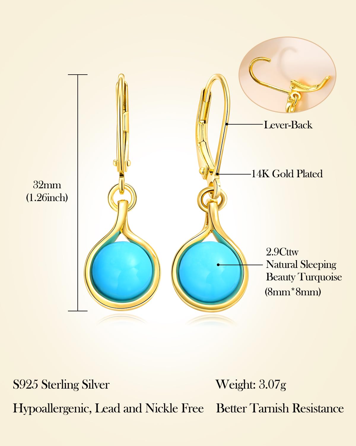 AIBAO Turquoise Dangle Earrings for Women Round Cut Blue Gemstone Leverback Earrings Western Jewelry Sterling Silver Sleeping Beauty Turquoise Earrings