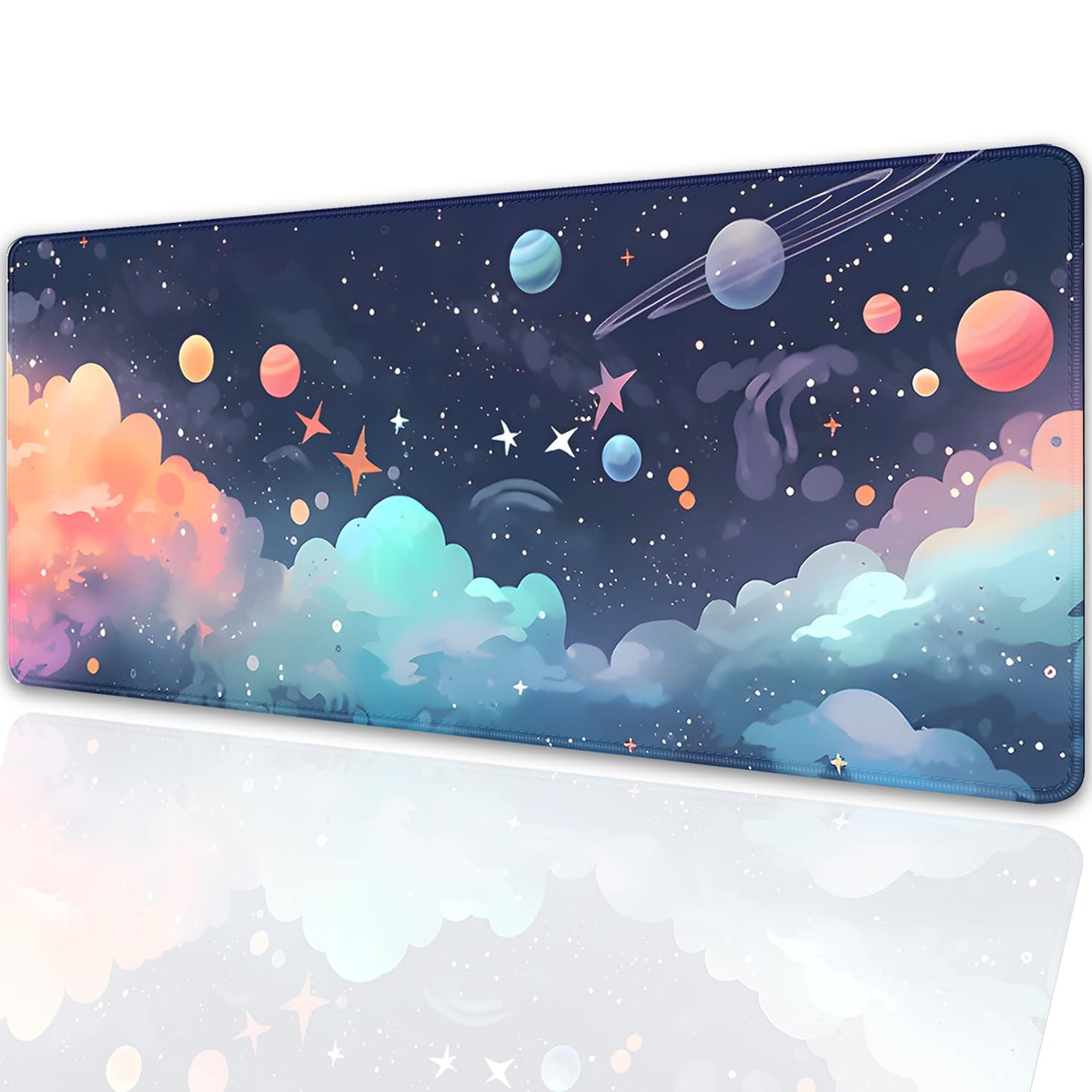 Cosmos Desk Mat Mouse Pad,Anime-Inspired Space Scene Mousepad, Cute Aesthetic Stars and Planets,Large Galaxy Mouse Pad,Cute Desk Mat for Home Work Ofiice(27.5X11.8 in)