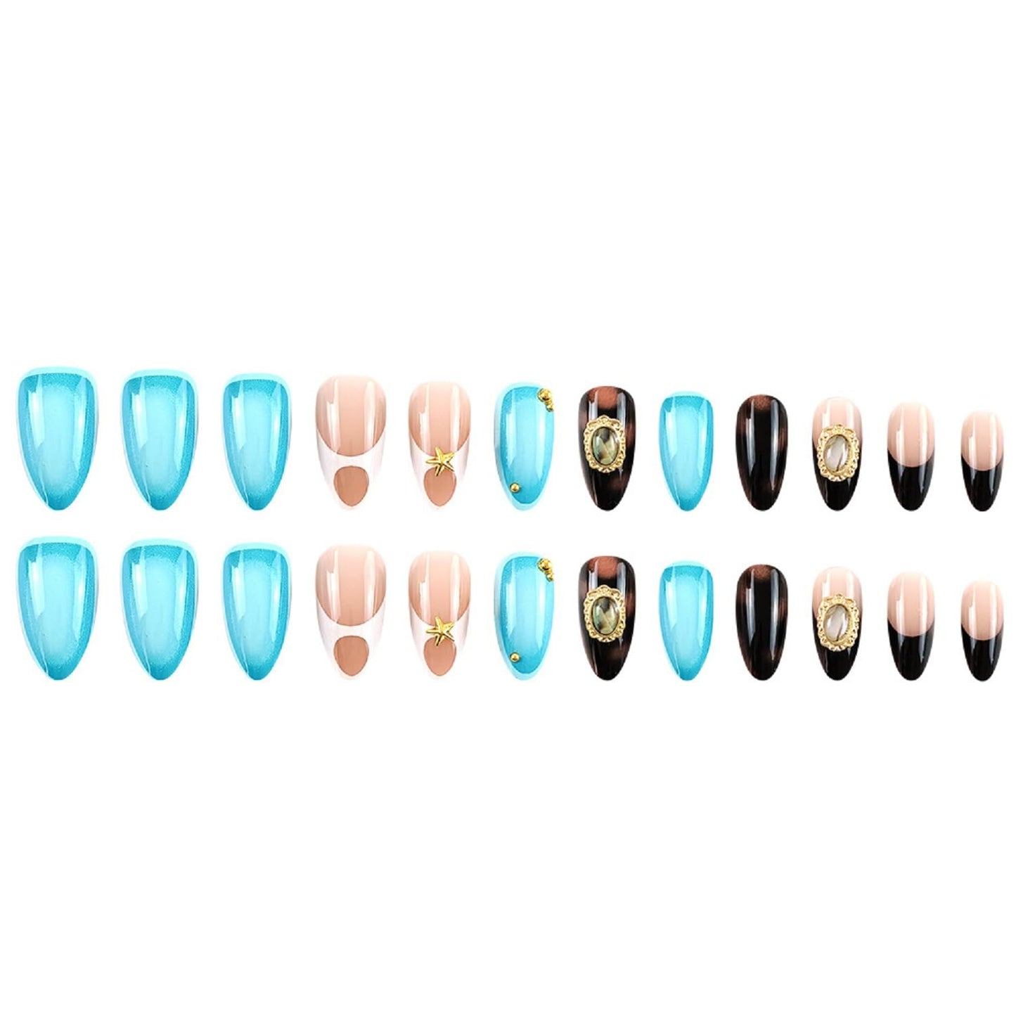 Medium Almond Press On Nails French Tip Fake Nails Star With Metal Charms Design Blue False Nails Full Cover Artificial Glue On Nail Acrylic Reusable Stick On Nail For Women Manicure Art 24pcs